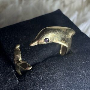 14k Gold black diamond eyes Dolphin Ring